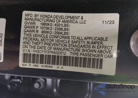 2024 Honda Accord Ex z USA, uszkodzony, nr VIN 1HGCY1F37RA020512